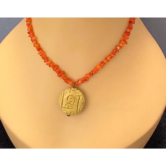 Coral Carnelian Chipstone Necklace Carved Olive Serpentine Jade Pendant Sterling - Picture 8 of 10